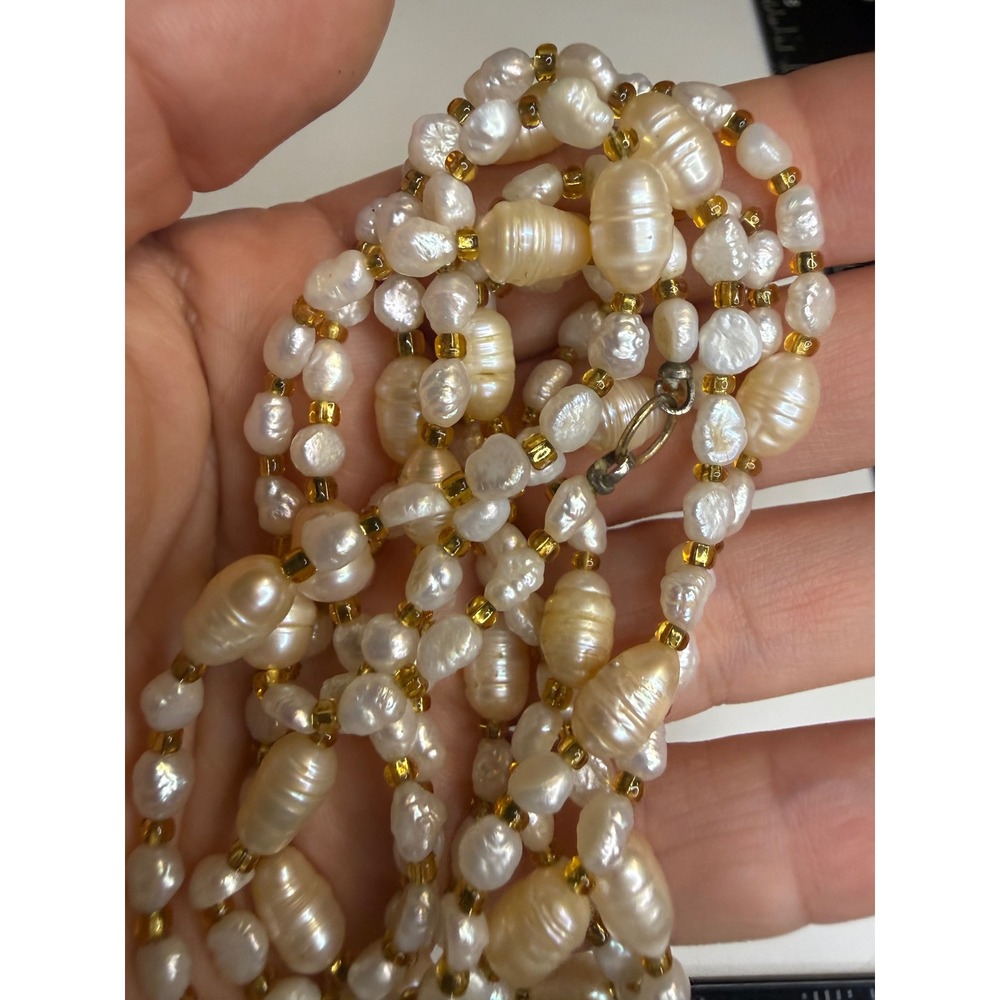 Freshwater Rice Pearl Necklace Gold Seed Bead Long Strand Baroque White 32 Inch